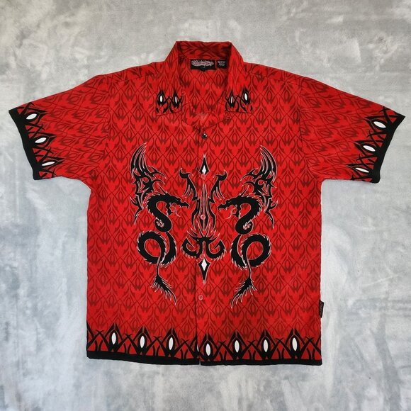 Sapphire Lounge Dragon Shirt Large Red Tribal Y2k Graphic AOP Biker Bowling - Picture 1 of 11